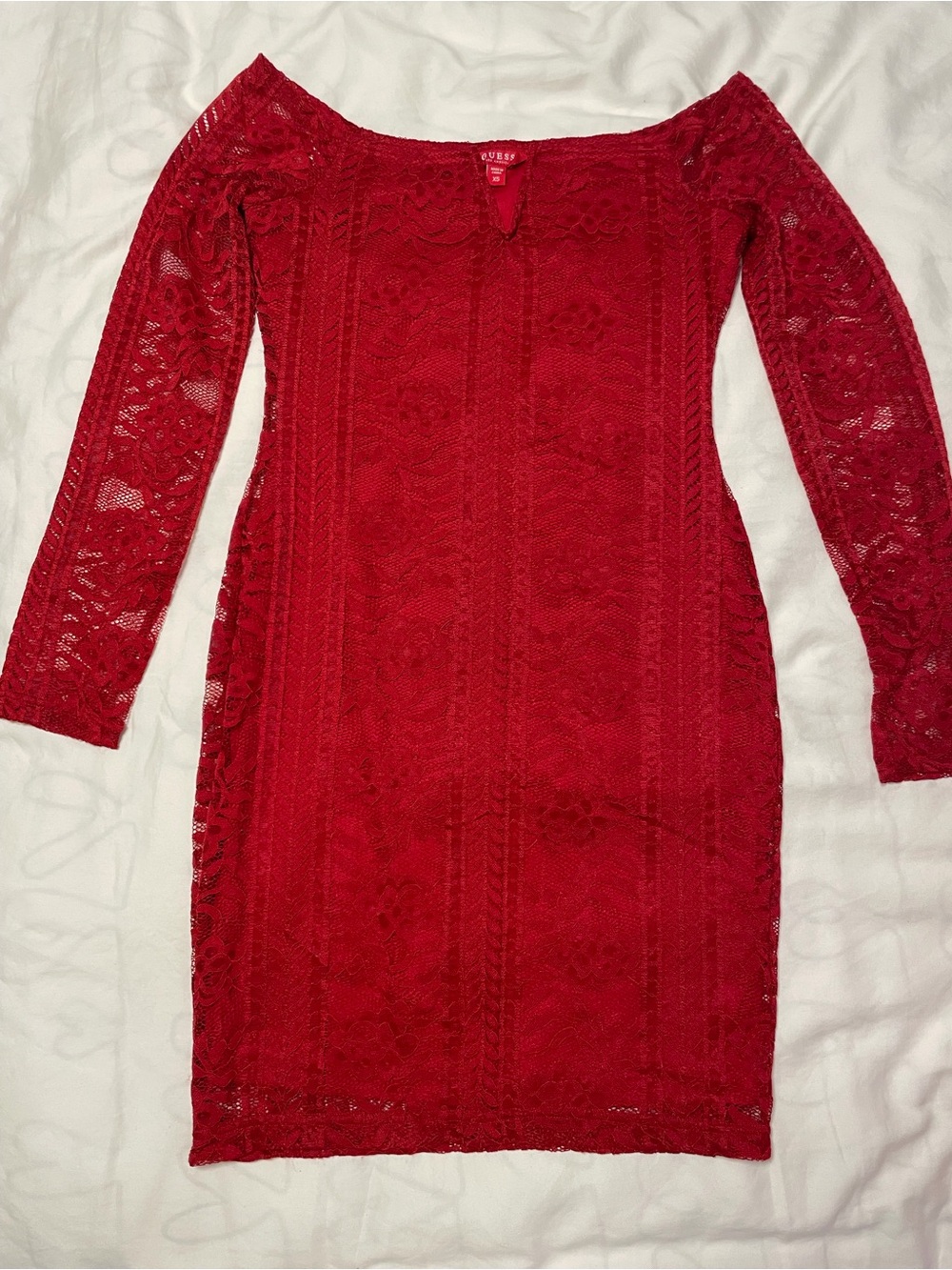 Guess Red Long-Sleeve Lace Bodycon Dress